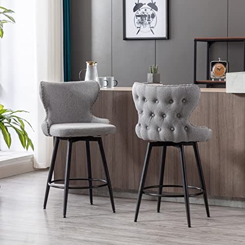 Fabric Upholstered Swivel Bar Stools Set of 2, 25 Inch Height with Tufted Back, Nailhead Trim, Metal Legs for Kitchen Island Pub, Gray