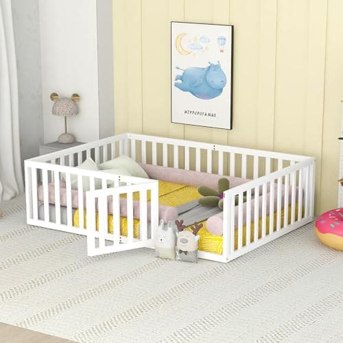 Gray Montessori Twin Size Floor Bed with High Fence, Door and Slats for Kids