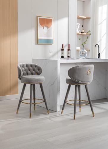 i-POOK Velvet Bar Stools Set of 2 with Swivel, Nailhead Trim, Tufted Back for Kitchen Island Pub - Claret Red