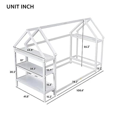 Wooden Montessori Twin Size Floor Bed with Roof Frame and Detachable Stands - White House-Shaped Tent Bed for Children