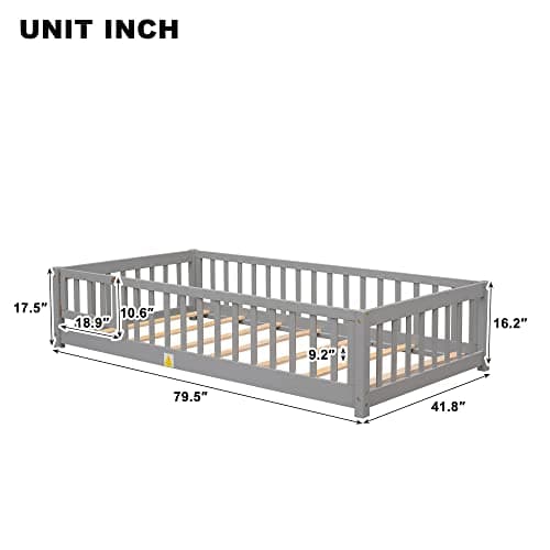 Solid Wood Twin Floor Bed with Door, Fence, Slats, and Guardrails for Kids - Gray