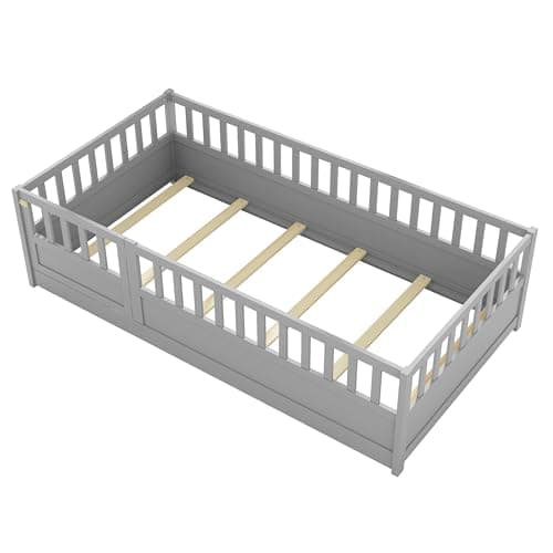 Gray Montessori Twin Size Floor Bed with High Fence, Door and Slats for Kids