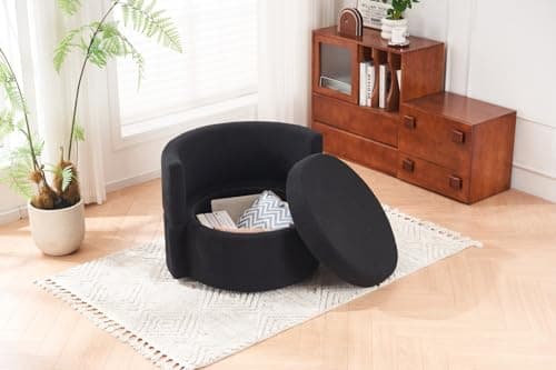 Swivel Accent Chair with Storage, Teddy Barrel Chair with Metal Base, Single Sofa Chair for Living Room, Black Color
