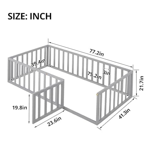 Montessori Floor Bed for Children – Gray Twin Size with Fence & Door Frame
