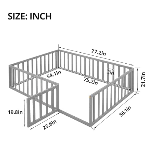 Wood Montessori Floor Bed for Children with Fence & Door, Gray