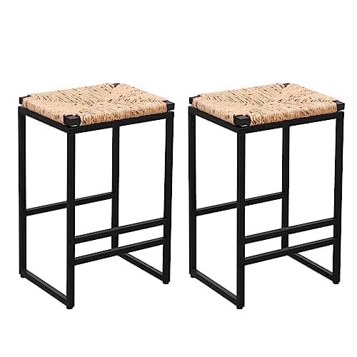 Metal Bar Stools Set of 2 with Woven Seat and Footrest
