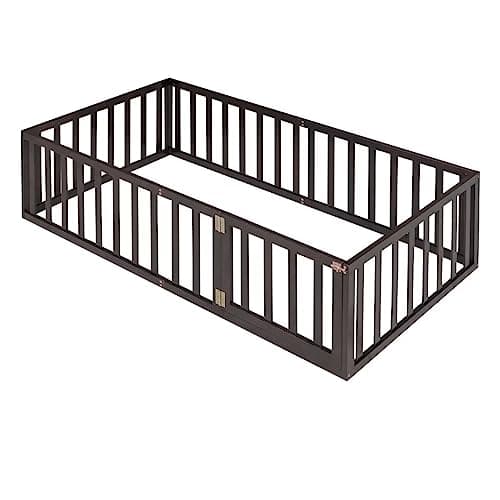 Twin Size Floor Bed with Fence and Door, Montessori Bed Frame for Boys and Girls