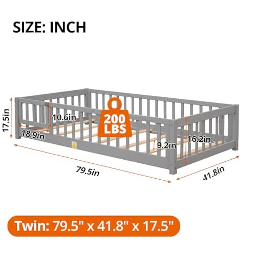 Montessori Twin Floor Bed for Children, Sturdy Wood Frame with Fence & Door, Gray