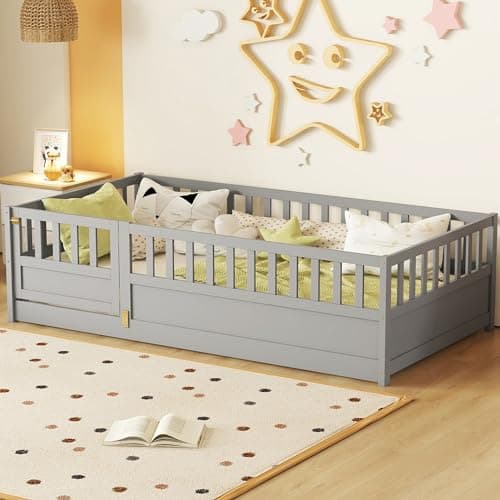 Gray Montessori Twin Size Floor Bed with High Fence, Door and Slats for Kids