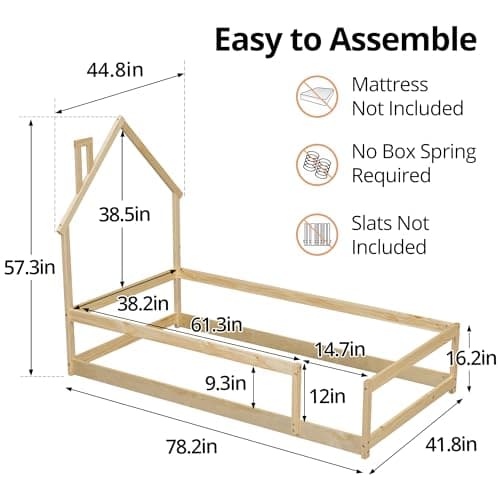 Solid Wood Montessori Floor Bed for Toddlers - Twin Size with House Shaped Headboard