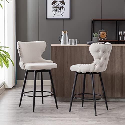 Fabric Upholstered Swivel Bar Stools Set of 2, 25 Inch Height with Tufted Back, Nailhead Trim, Metal Legs for Kitchen Island Pub, Gray