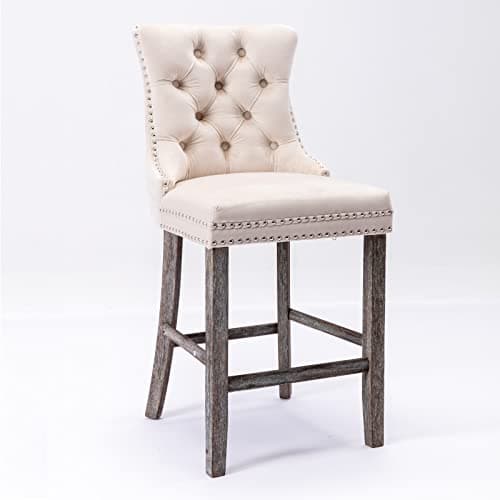 Velvet Bar Stools Set of 2, Beige, Counter Height
