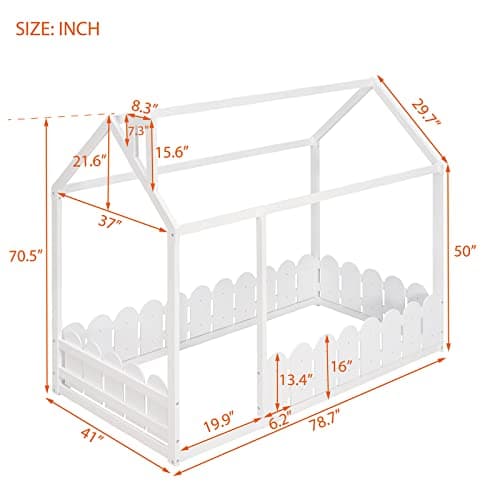 White Montessori Twin House Bed Frame with Fence