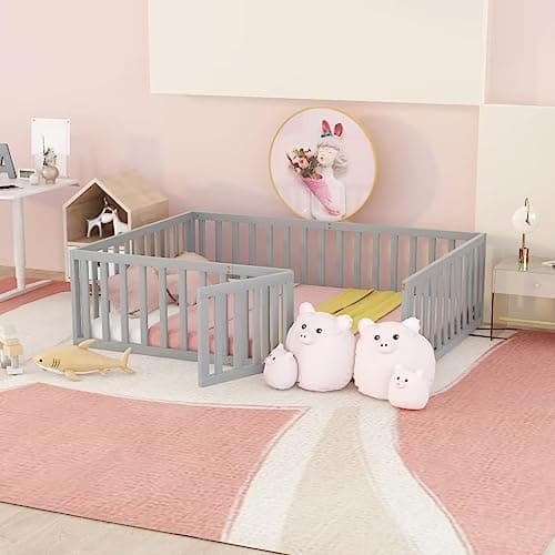 Twin Size Floor Bed with Fence and Door, Montessori Bed Frame for Boys and Girls