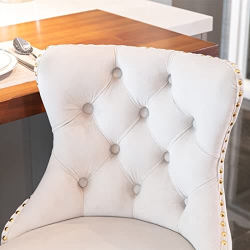 Set of 2 Velvet Swivel Bar Stools with Nailheads Trim, Button Tufted Back and Golden Footrest, Beige
