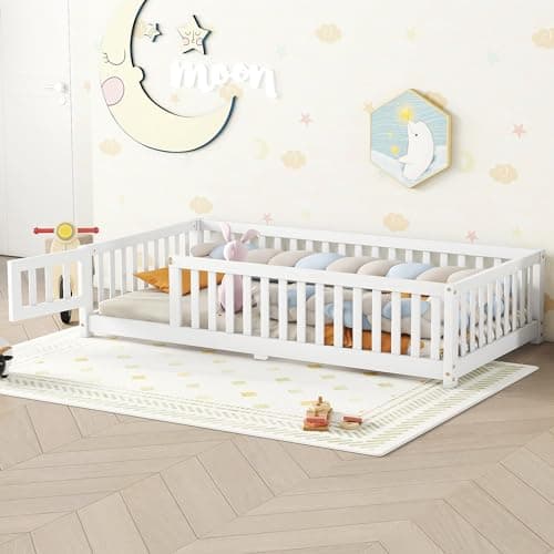 Wood Montessori Twin Floor Bed with Rails for Kids, Boys, Girls