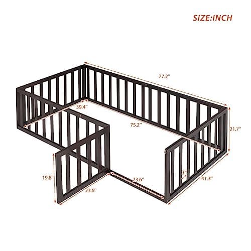 Twin Size Floor Bed with Fence and Door, Montessori Bed Frame for Boys and Girls