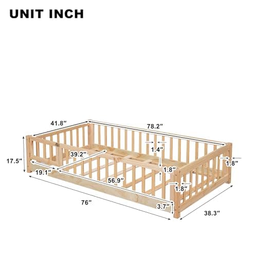 i-POOK Montessori Twin Floor Bed for Children, Sturdy Wood Frame with Fence & Door, Natural