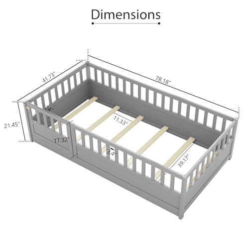 Gray Montessori Twin Size Floor Bed with High Fence, Door and Slats for Kids