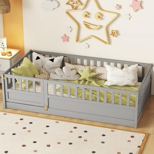 Gray Montessori Twin Size Floor Bed with High Fence, Door and Slats for Kids