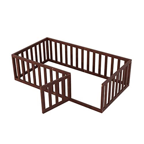 Wooden Twin Size Floor Bed Frame with Safety Guardrails, Easy to Assemble, Walnut