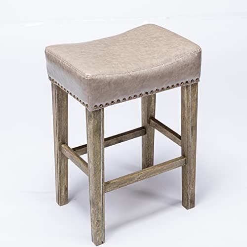 Farmhouse Bar Stools Set of 2, Gray PU Leather Upholstered Saddle Stools