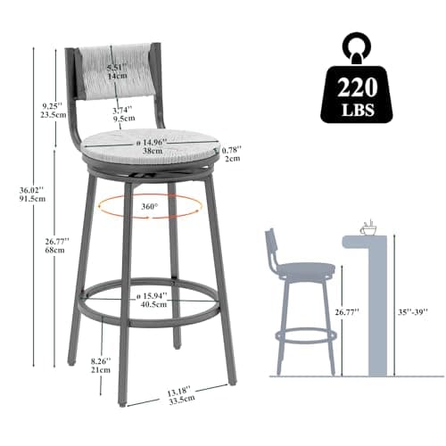 Handwoven Swivel Bar Stools Set of 2, Counter Height Bar Chairs, 36 H