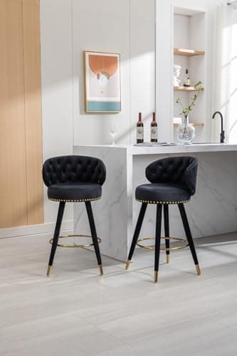 i-POOK Velvet Bar Stools Set of 2 with Swivel, Nailhead Trim, Tufted Back for Kitchen Island Pub - Claret Red