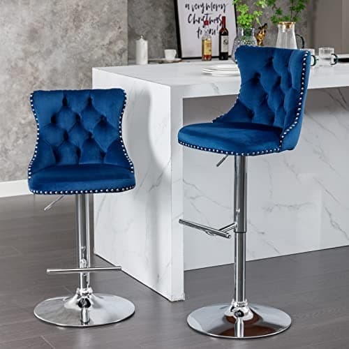 Velvet Swivel Barstools Set of 2, High Back with Nailheads Trim, Blue
