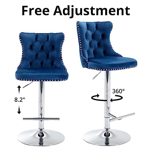 Velvet Swivel Barstools Set of 2, High Back with Nailheads Trim, Blue