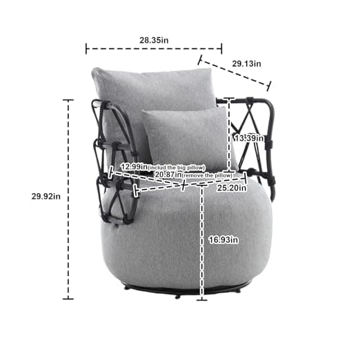 Round Swivel Chair with Back and Pillows, Linen Club Chair for Bedroom and Living Room