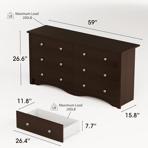 6 Drawer Wood Dresser for Bedroom and Living Room (Black)
