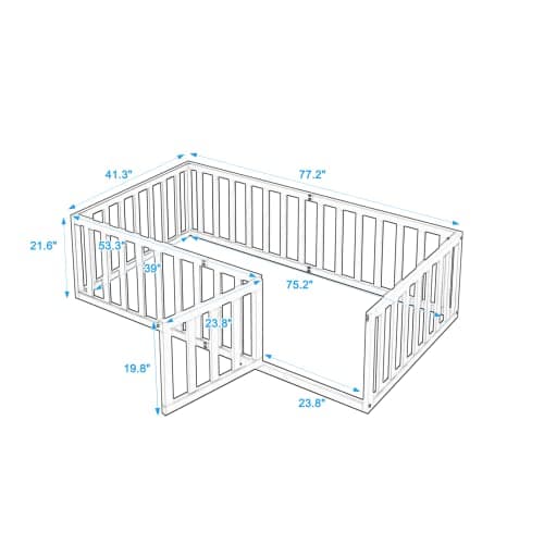 Wooden Twin Size Floor Bed Frame with Safety Guardrails, Easy to Assemble, Walnut