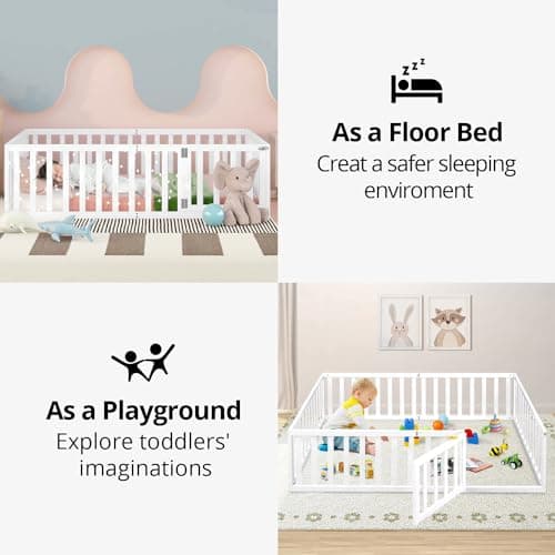 Multifunctional Montessori Floor Bed for Kids with Safety Guardrails, Solid Wood Frame, White