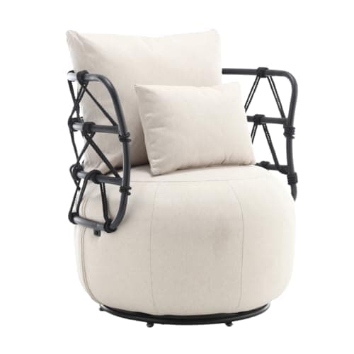Round Swivel Chair with Back and Pillows, Linen Club Chair for Bedroom and Living Room