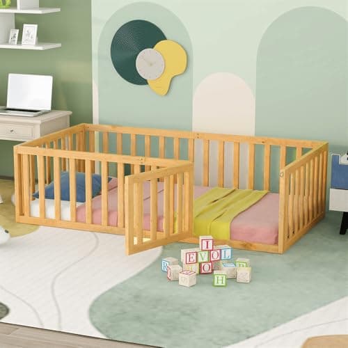 Montessori Floor Bed for Children Boys and Girls, White Wood Frame with Fence and Door