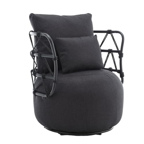 Round Swivel Chair with Back and Pillows, Linen Club Chair for Bedroom and Living Room