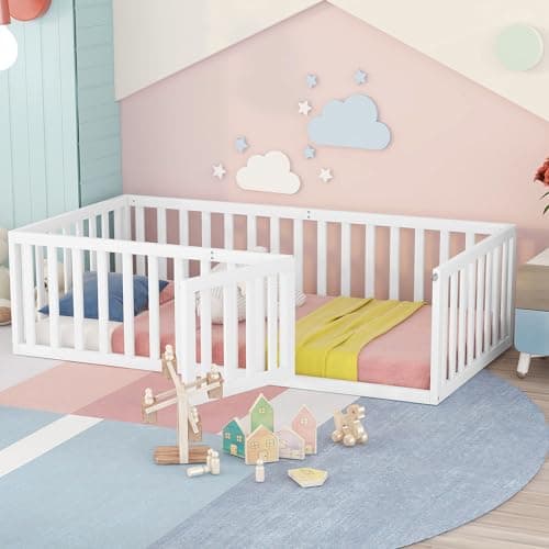 Multifunctional Montessori Floor Bed for Kids with Safety Guardrails, Solid Wood Frame, White