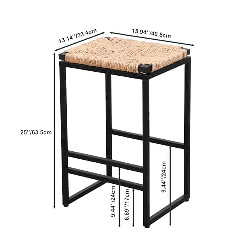Metal Bar Stools Set of 2 with Woven Seat and Footrest