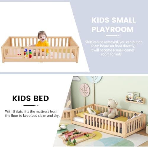 Wood Montessori Twin Floor Bed with Rails for Kids, Boys, Girls