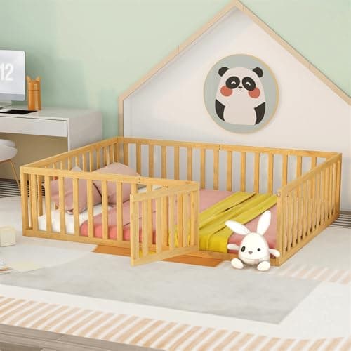 Montessori Floor Bed for Children Boys and Girls, White Wood Frame with Fence and Door