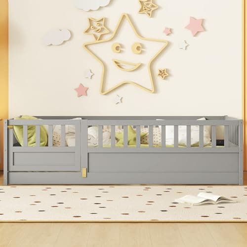 Gray Montessori Twin Size Floor Bed with High Fence, Door and Slats for Kids