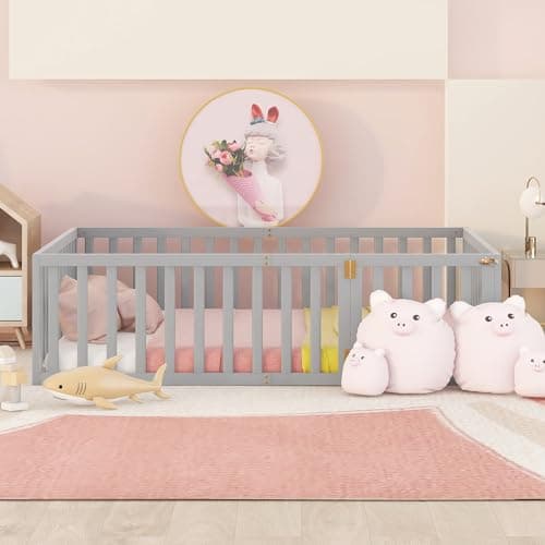 Wood Montessori Floor Bed for Children with Fence & Door, Gray