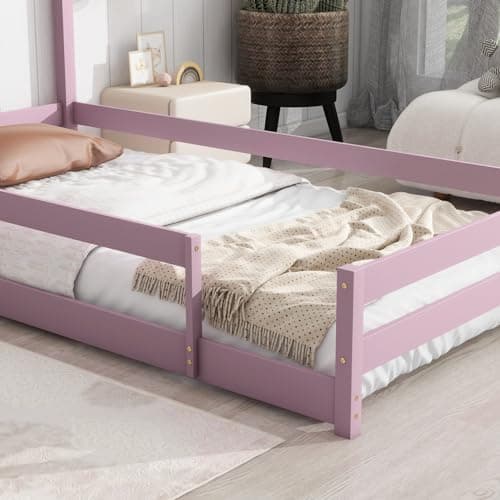 Wooden Montessori Twin Floor Bed with House-Shaped Headboard and Fence Guardrails, Pink