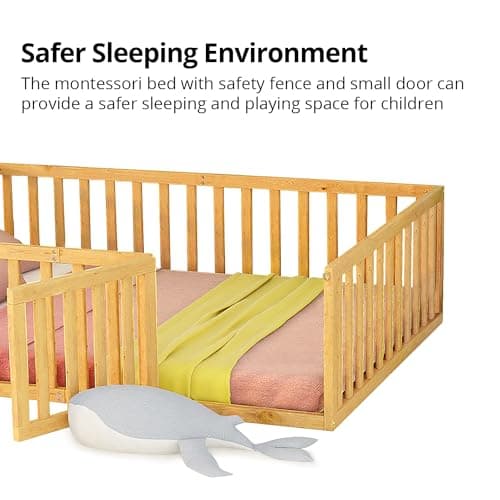 Solid Wood Montessori Floor Bed for Children with Fence & Door