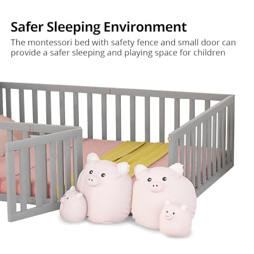 Wood Montessori Floor Bed for Children with Fence & Door, Gray