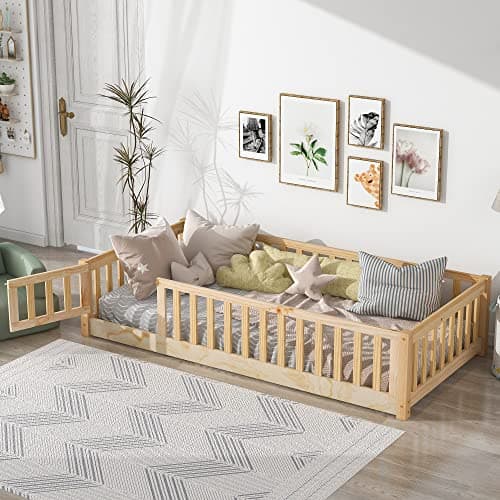Multifunctional Montessori Floor Bed for Kids with Safety Guardrails, Solid Wood Frame, White