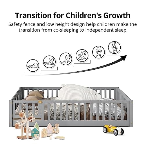 Montessori Twin Floor Bed for Children, Sturdy Wood Frame with Fence & Door, Gray