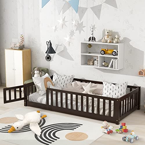 Multifunctional Montessori Floor Bed for Kids with Safety Guardrails, Solid Wood Frame, White