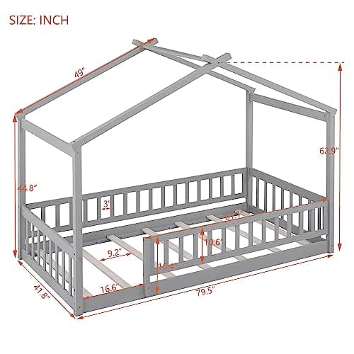 Solid Wood Montessori Floor Bed Frame for Kids with Roof and Guardrails, Gray